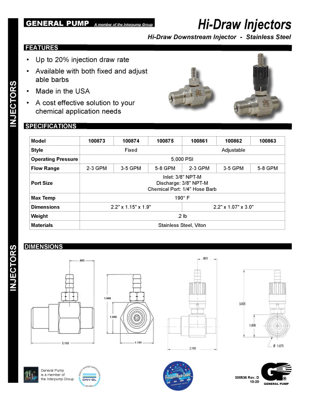 FIXED STAINLESS STEEL HIGH DRAW CHEMICAL INJECTORS by GENERAL PUMP ...
